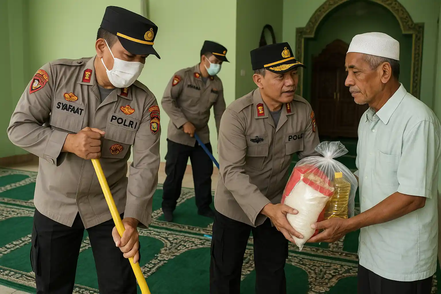 Polisi Bersihkan Masjid dan Beri Sembako di Tanjungpinang